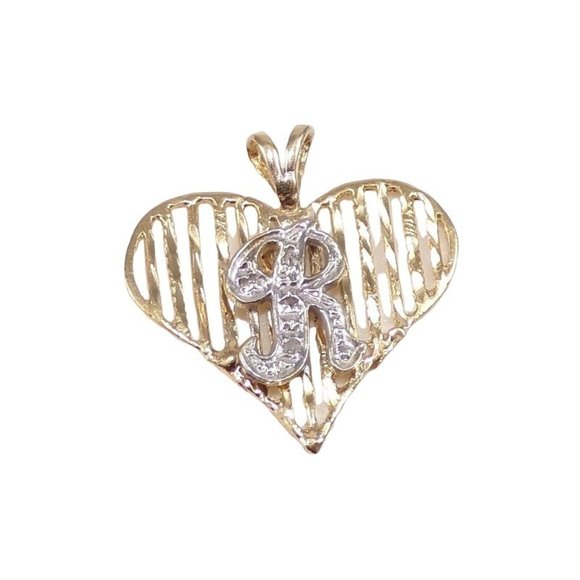 Solid 14K Yellow Gold Initial Letter R Diamond Accent Heart Love Pendant